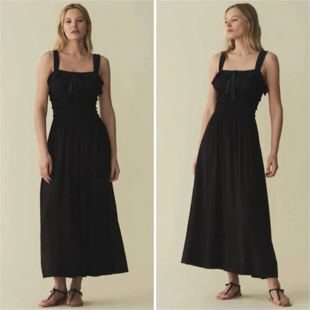 DÔEN Carolynn Crepe Smocked Midi Dress Black - Picture 3 of 15
